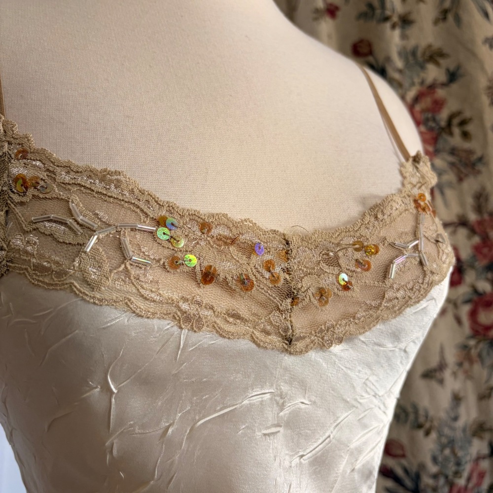 No Boundaries Cream Ivory Satin Crinkle Camisole with gold sequin detailing - Picture 2 of 16